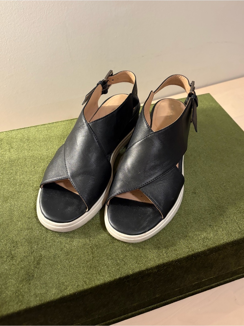Geox Black Leather Crossover Slingback Sandals with White Platform